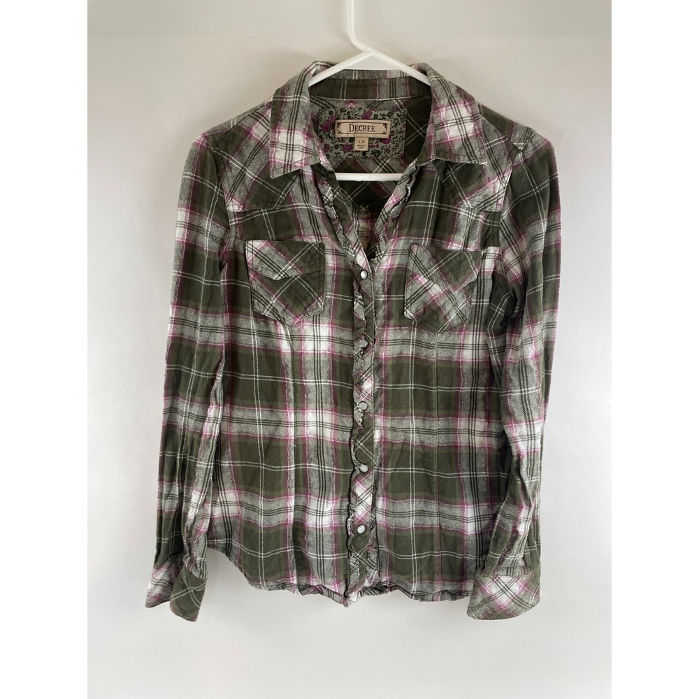 Decree Shirt Girls Size L Green Pink Metallic Silver Button Up Wester Pearl Snap